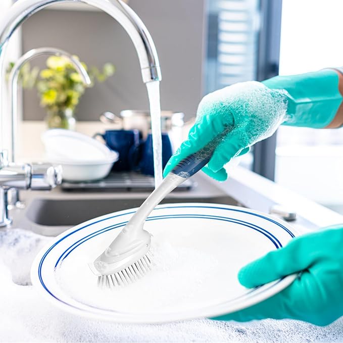 2-3 Pcs Dish Brush with Plastic Handle Built-in Scraper, Replaceable Brush Scrubbing Brush - OneBag
