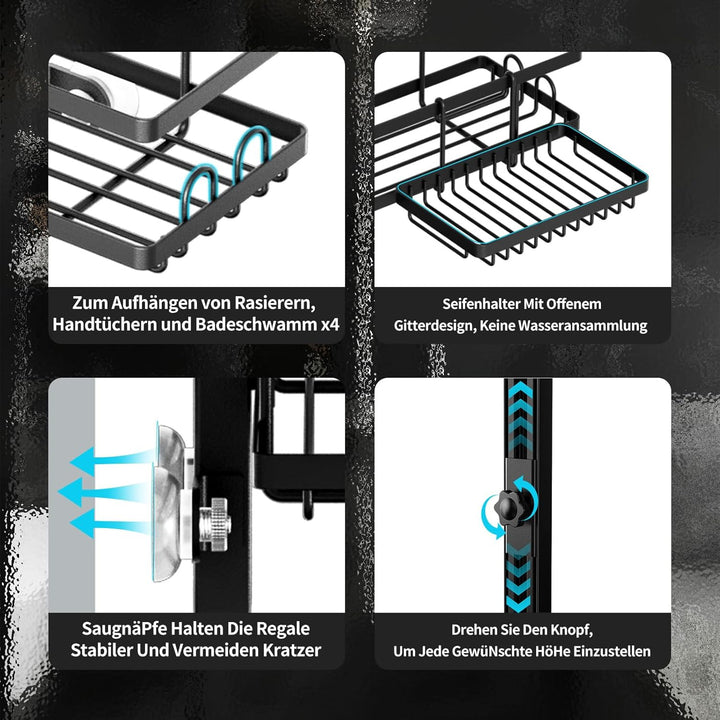 2 Tier Black Hanging Shower Shelf Caddy, Over Door No Drilling Shower Rack with Soap Razor Holder - OneBag