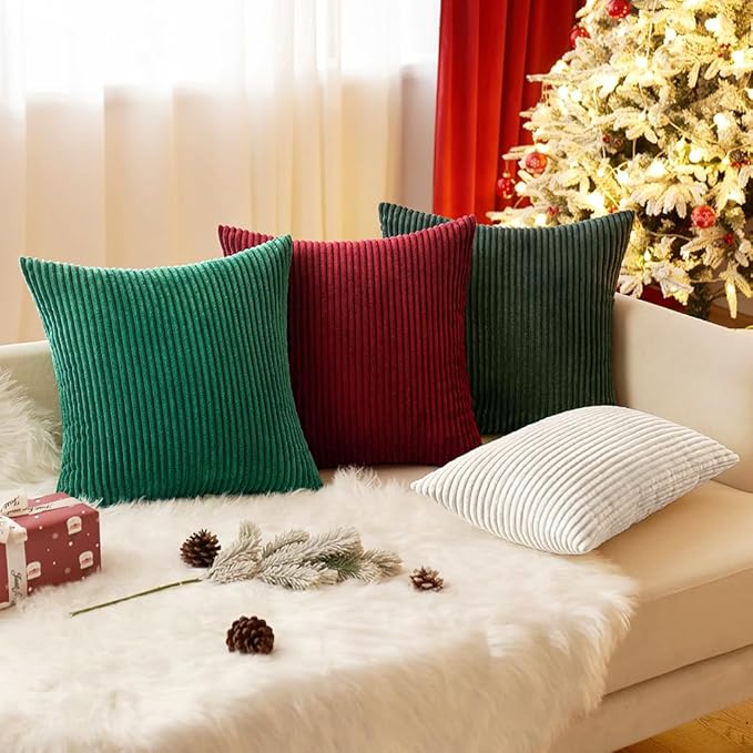 2 Pcs 18x18 Inch 45x45cm Dark Green Cushion Covers, Corduroy Square Throw Pillow Covers, Striped Pillow Cases - OneBag