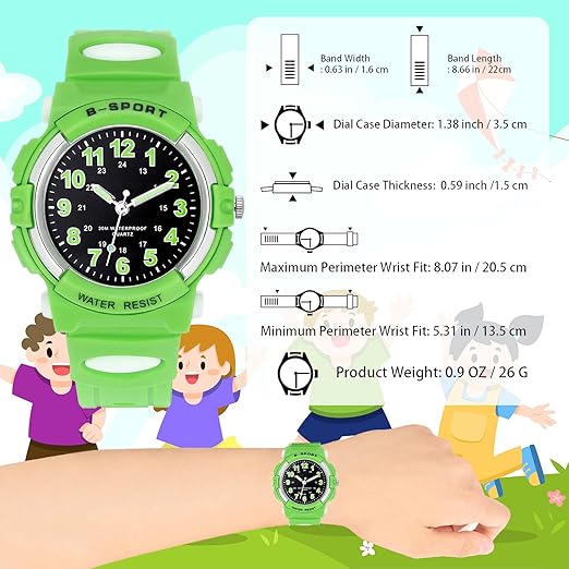 Kids Watches, Child Quartz Wristwatch for Boys Girls Kids, Waterproof Time Teach Watches (Green) - OneBag