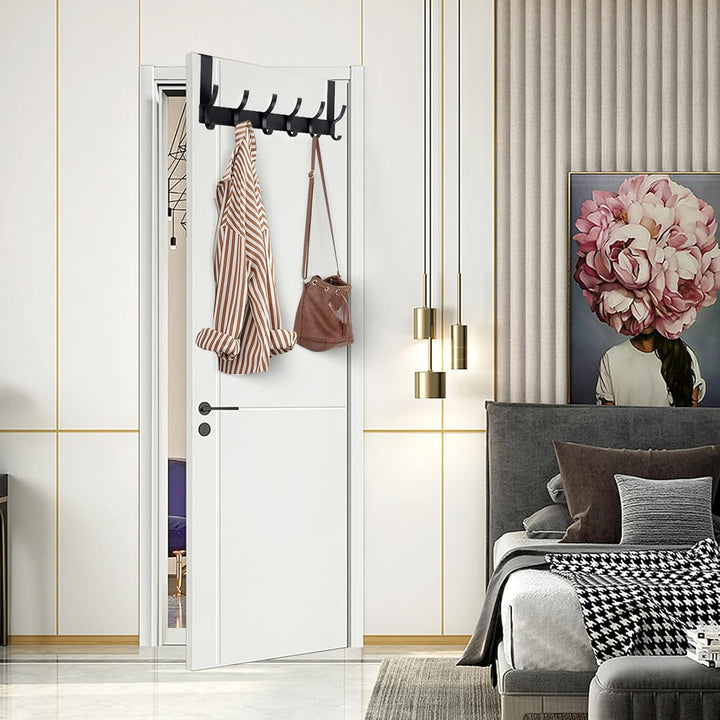 Black, White 6 Hooks Over Door Hanger, for Hanging Coat, Towel, Bag, Clothes Bearing Weight 20kg - OneBag