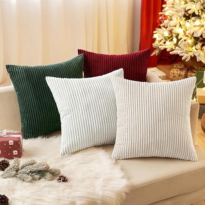 2 Pcs 18x18 Inch 45x45cm Dark Green Cushion Covers, Corduroy Square Throw Pillow Covers, Striped Pillow Cases - OneBag