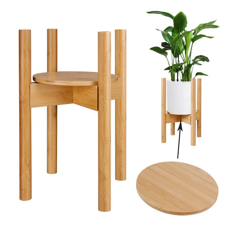 Indoor Plant Stands with Planter Pot Tray, Adjustable Size Fits 8.5 9 10 11 to 12 Inch Pots, Wood Planter Rack - OneBag