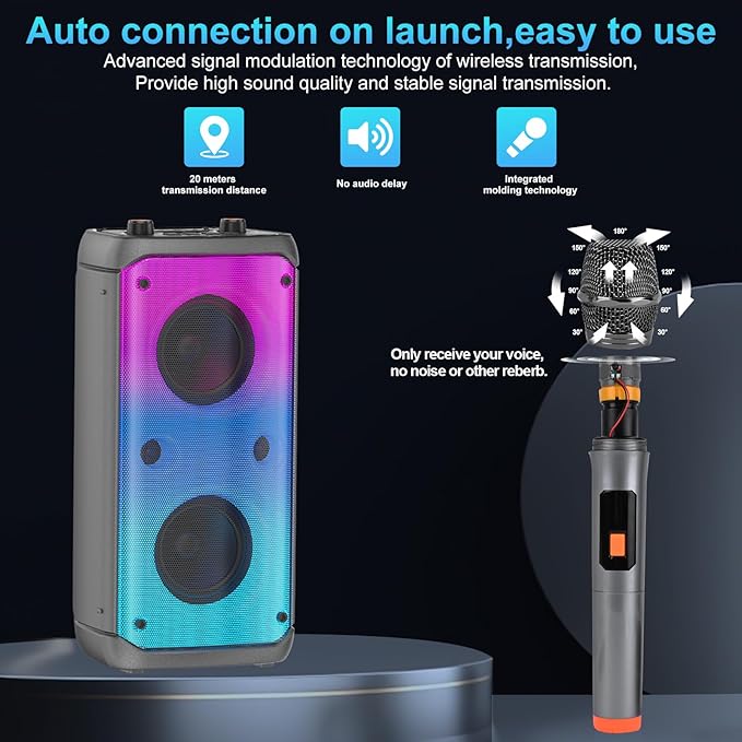 TAMPROAD Karaoke Machine with 2 Wireless Microphones, Portable Karaoke Machine for Adults & Kids, PA System with LED Lights - OneBag