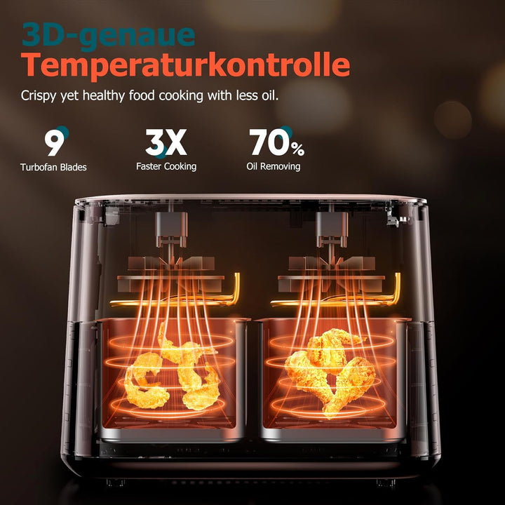 9Litre Dual Air Fryer with Visual Window, 2 Drawers, Touch Screen, Dishwasher-Safe used - OneBag