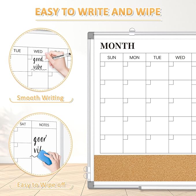 QUEENLINK 45×60 cm Magnetic Whiteboard Monthly Calendar, Double-Sided White Board Calendar for Wall, Dry Erase Aluminum Frame - OneBag