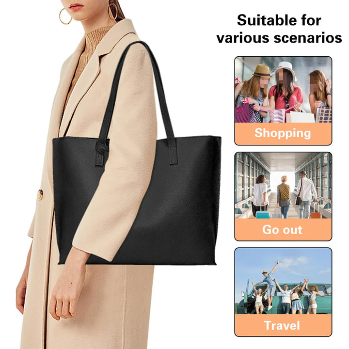 Leather Tote Bag, Women handbag with big capacity, PU leather tote black. - OneBag