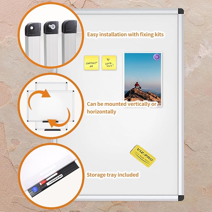 VIZ-PRO  60 x 45 cm Silver Aluminium Frame Magnetic Dry Erase Board - OneBag