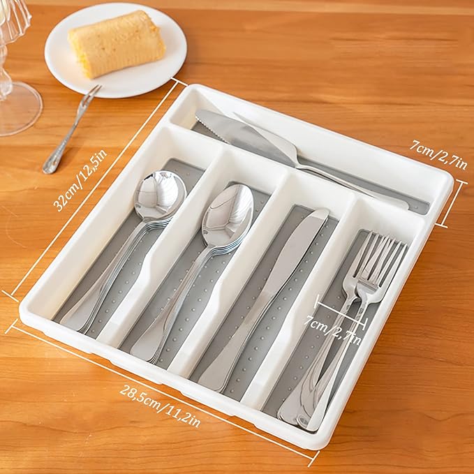 5 Compartments White Cutlery Tray, Cutlery Organizer for Home and Kitchen, Utensil Tray for Spoons and Forks - OneBag
