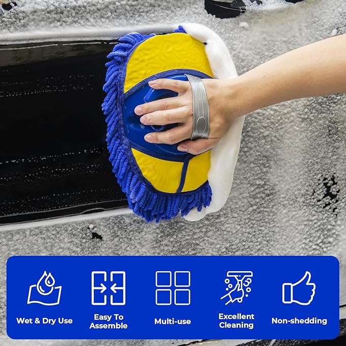 2 Pcs Blue Bemece Chenille Mop Heads for Car Wash Brush, Microfibre Mittens for Cleaning Truck Caravan Van - OneBag