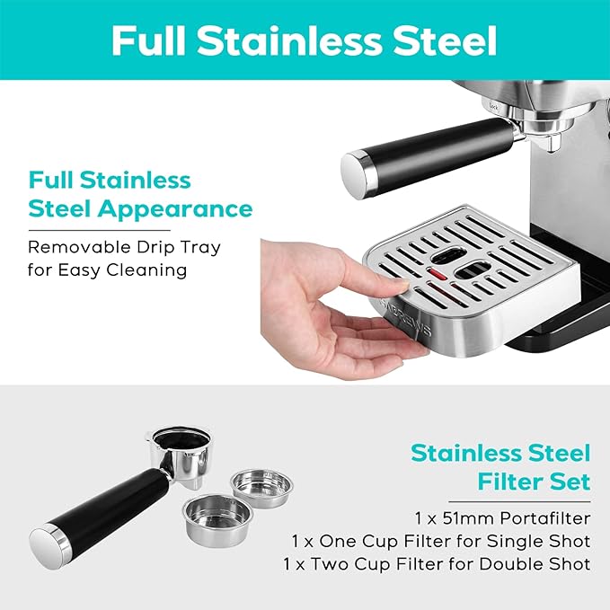 20 Bar Coffee Machine with Steam Milk Frother 1.3L Removable Water Tank, Espresso, Cappuccino and Latte Machine- missing small filter - OneBag