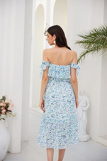 Women Blue Floral Chiffon Strapless Summer Dress- L - OneBag