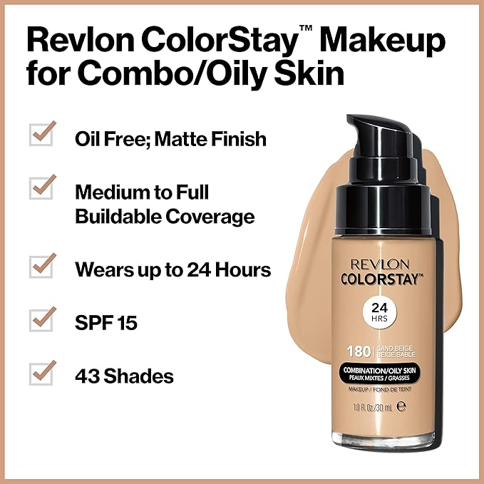 Revlon Colorstay Liquid Foundation Makeup for Combination/Oily Skin SPF 15, Longwear Medium-Full Coverage with Matte Finish, Pecan (510), 30 ml - OneBag