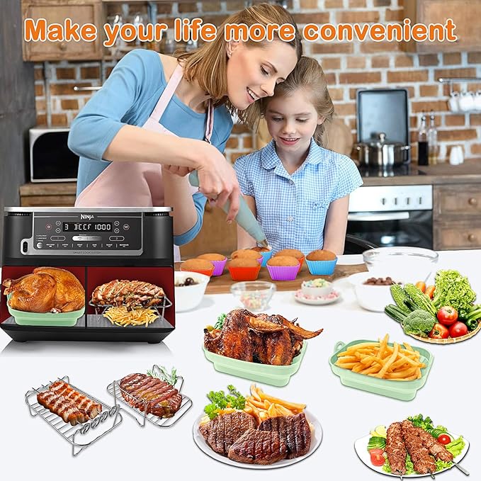 13 Pcs Green Set Upgraded Silicone Air Fryer Liners, Silicone Air Fryer Accessories for Ninja Dual AF300UK AF400UK AF500UK AF451UK Tower T17088 - OneBag