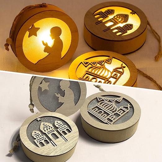 4 Pcs Eid Mubarak Decorations Lights, Wooden Moon Star Ramadan LED Hanging Lights, Muslim Islam Ornament Lantern - OneBag