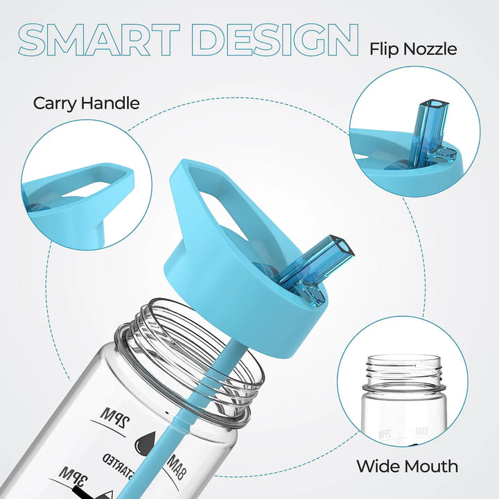 900ml BPA Free Water Bottle with Straw and Motivational Time Markings, for Sports - OneBag