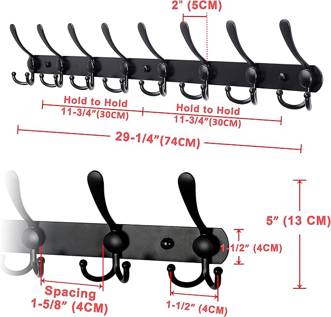 2 Pcs Black Coat Rack Wall Mounted - 8 Tri Hooks, Heavy Duty, Stainless Steel, Metal Coat Hook Rail - OneBag