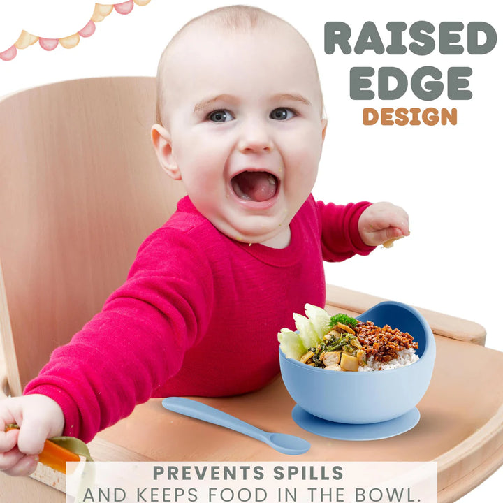 Silicone BPA Free Baby Children Feeding Bowl Plate and Spoon Set with Suction - OneBag