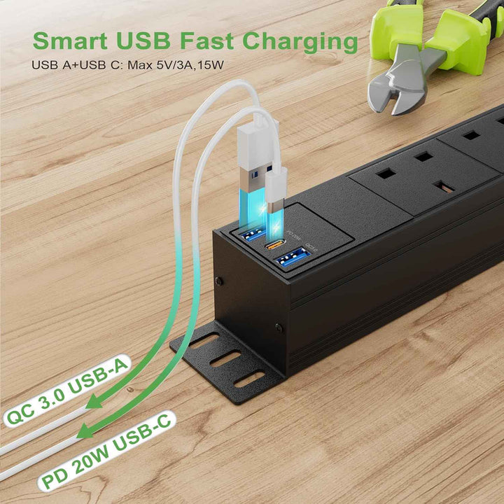 1.8m Extension Lead Power Strip Surge Protector 8xGang Way, 1xUSB-C, 2xUSB-A