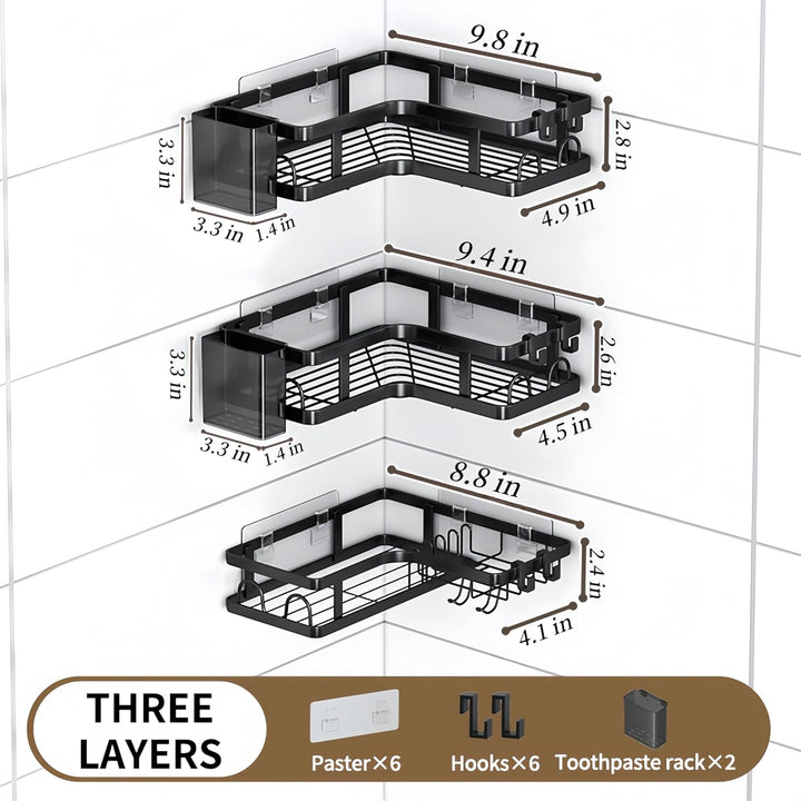 3 Pcs Black Corner Shower Caddy, Rustproof No Drilling Stainless Steel Corner Organizer Shelves for Bathroom - OneBag