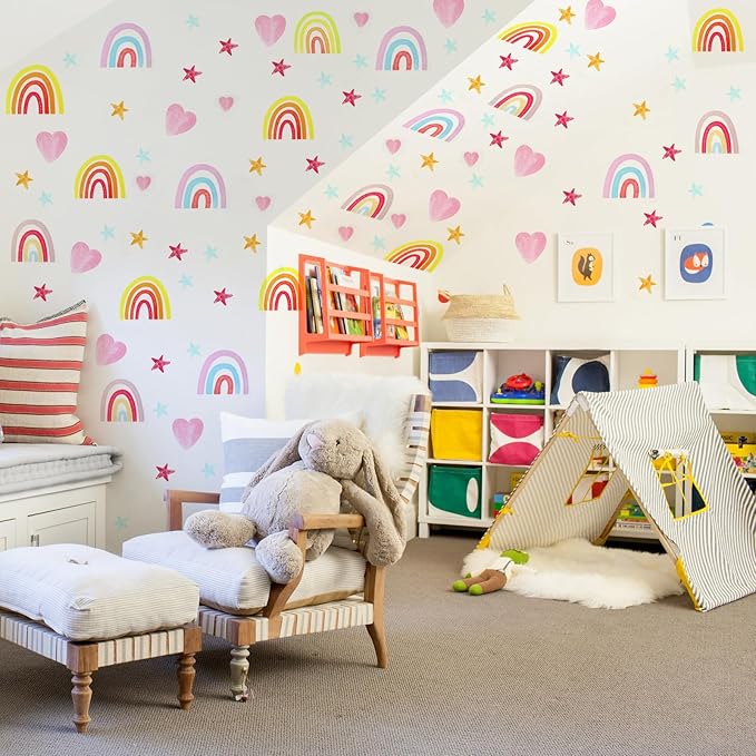 6 Pcs Rainbow Wall Decor Stickers, Rainbow Heart Stars Colour, Rainbows Wall Decals for Girls Kids Bedroom, Nursery Wall Décor - OneBag