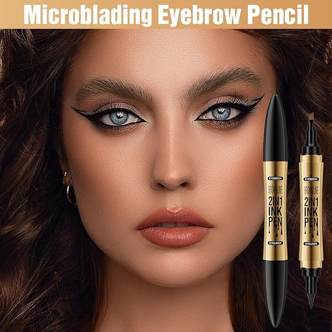 Incisite Eyebrow Pen, 2-in-1 Liquid Eyeliner and Eyebrow Pen, Dual-Ended Brow Pencil, Waterproof Long Lasting Brow Pen for Effortless Natural Brows(Dark Brown + Eyeliner Black) - OneBag