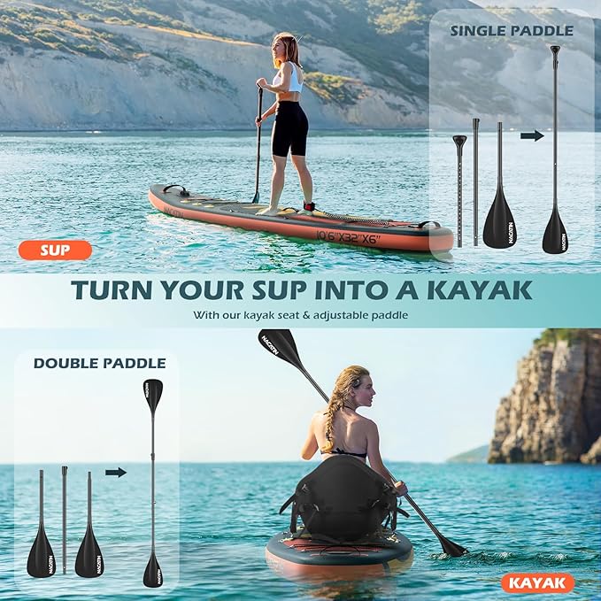 10'6" Inflatable Stand Up Paddle Board with Kayak Conversion Kit, Complete SUP Set Paddle Boards for Adults, with Single/Double Paddle, Kayak Seat, Backpack and More Accessories - OneBag