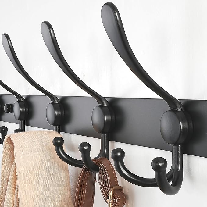 2 Pcs Black Coat Rack Wall Mounted - 8 Tri Hooks, Heavy Duty, Stainless Steel, Metal Coat Hook Rail - OneBag