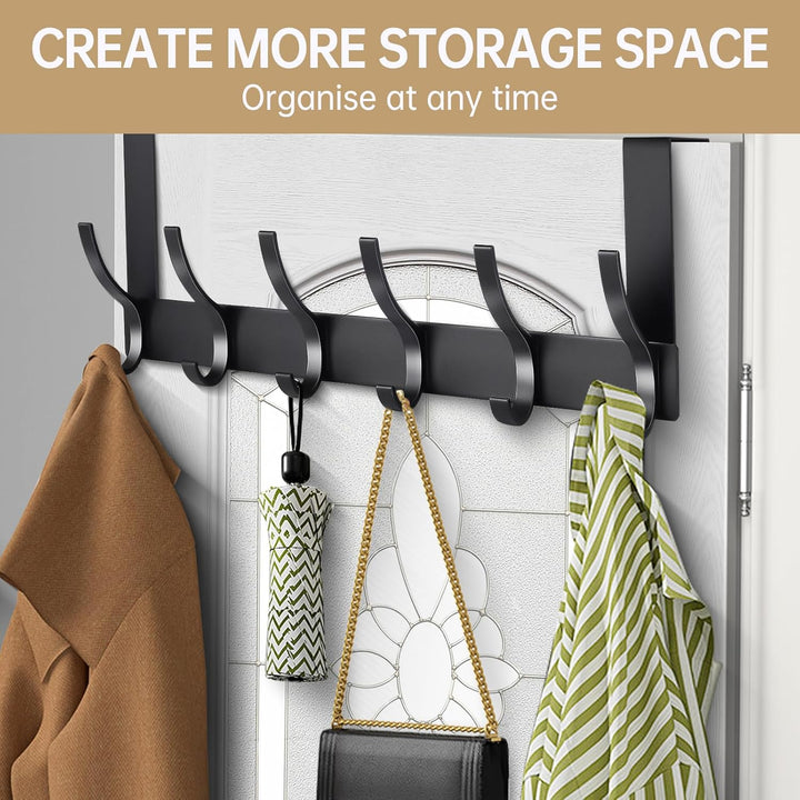 Black, White 6 Hooks Over Door Hanger, for Hanging Coat, Towel, Bag, Clothes Bearing Weight 20kg - OneBag