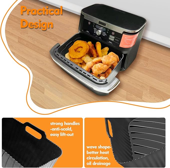 2 Pcs 2 in 1 Large Black Hmfmdy Air Fryer Silicone Liners, Air Fryer Accessories for Ninja Foodi Flexdrawer 10.4L AF500UK, Replacement for Disposable Parchment Paper Liner - OneBag