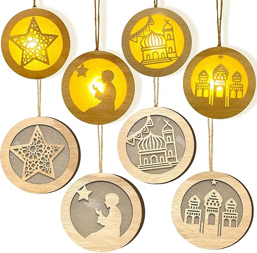 4 Pcs Eid Mubarak Decorations Lights, Wooden Moon Star Ramadan LED Hanging Lights, Muslim Islam Ornament Lantern - OneBag