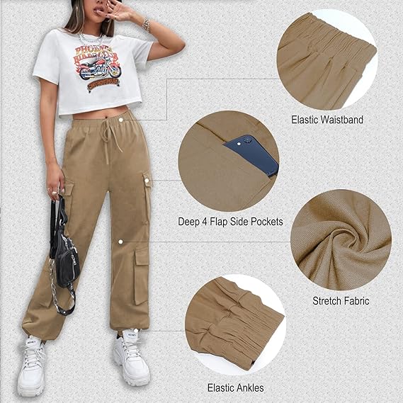 Khaki Petite Cargo Trousers, Women Elasticated High Waisted Cuffed Ankle Teen Girls Pants- XXL - OneBag
