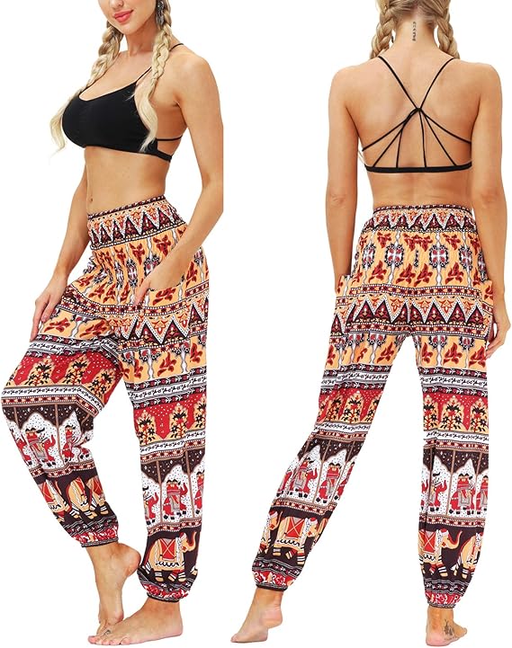 Women Hippie Harem Yoga Pants with Pockets, Thai Aladin Printed Summer Trousers- One Size - OneBag