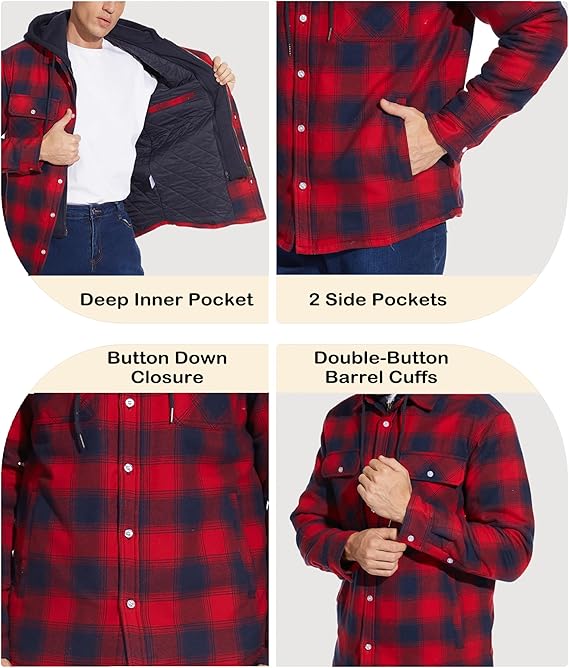 Men's Red Flannel Shirt Lumberjack Jacket with Removable Hood - OneBag