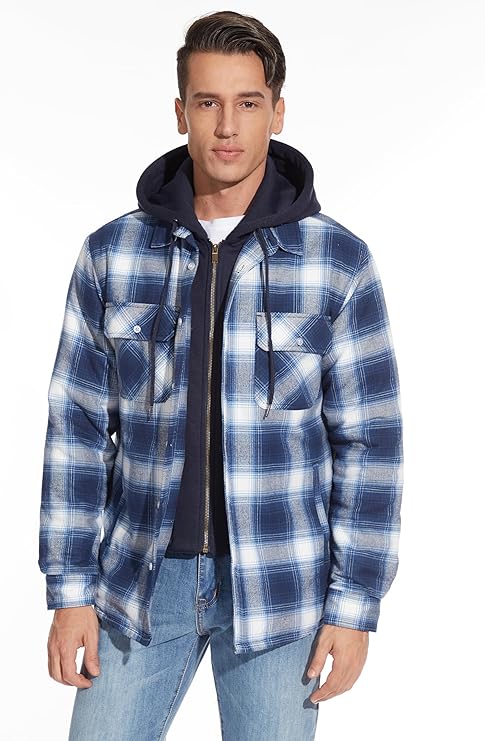 Men's Blue White Flannel Shirt Lumberjack Jacket with Removable Hood - OneBag