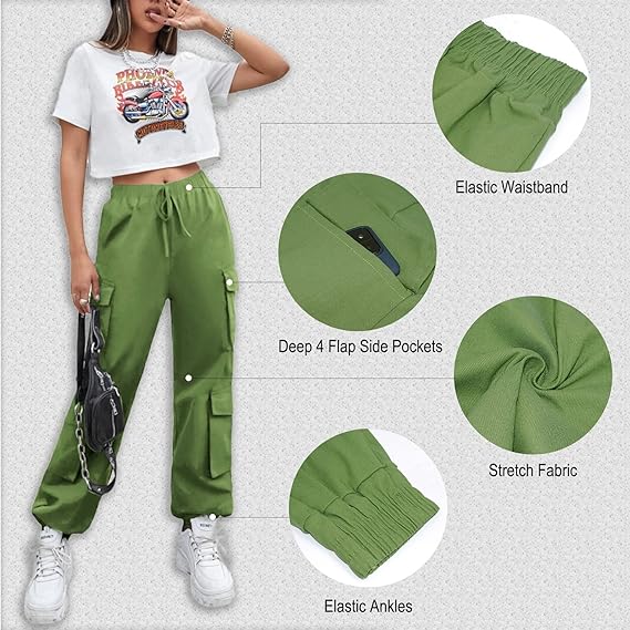 Green Petite Cargo Trousers, Women Elasticated High Waisted Cuffed Ankle Teen Girls Pants- S - OneBag