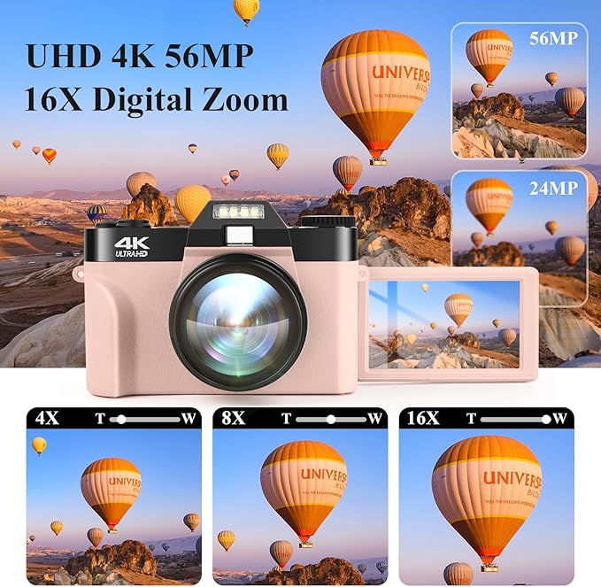 Pink SOPPY 4K Digital Camera with WiFi, 48MP Video Camera with 32G SD Card, 3.0" IPS 180Â°Flip Screen, Wide Angle Lens, Macro Lens, 16X Digital Zoom, 2 Batteries - OneBag