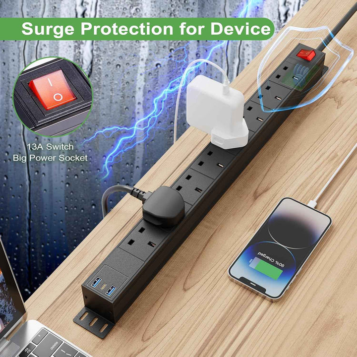 3m Extension Lead Power Strip Surge Protector 8xGang Way, 1xUSB-C, 2xUSB-A