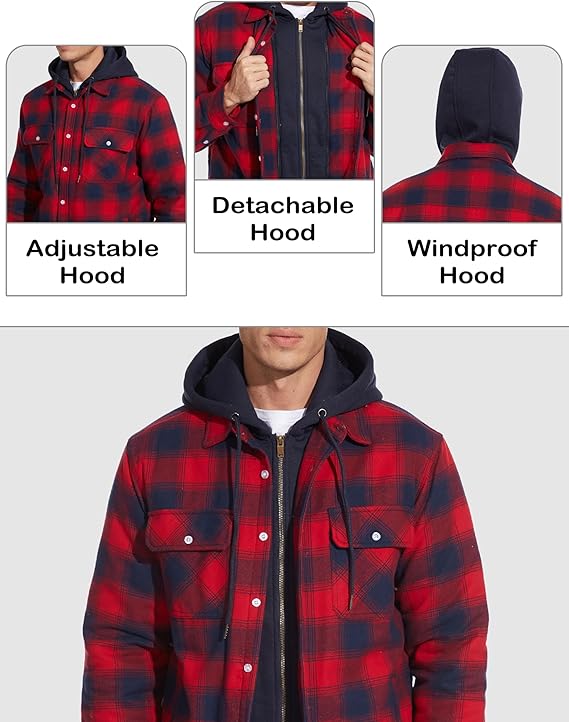 Men's Red Flannel Shirt Lumberjack Jacket with Removable Hood - OneBag