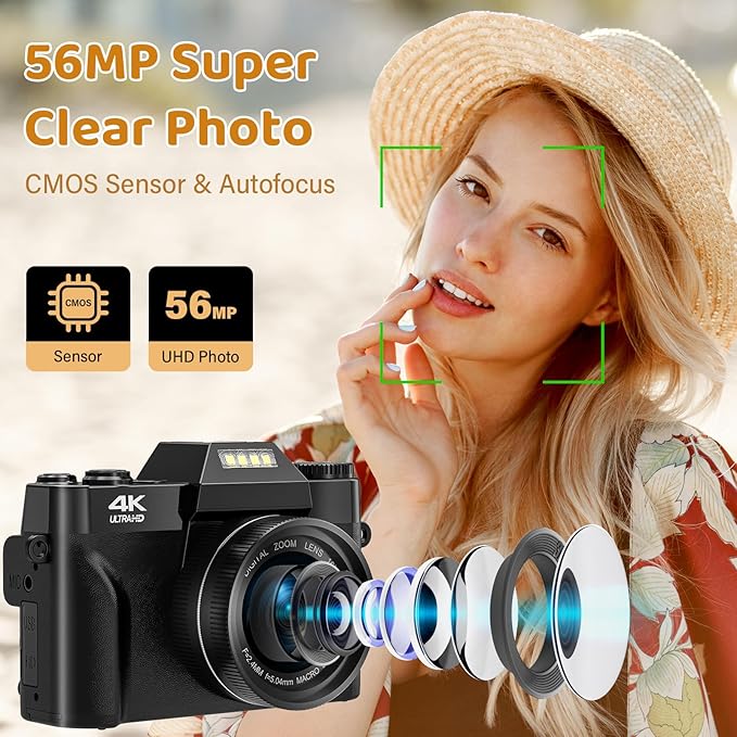 Digital Camera 4K 56MP UHD Vlogging Camera with 3'' 180° Flip Screen, 16X Digital Zoom Compact Camera for Photography - OneBag