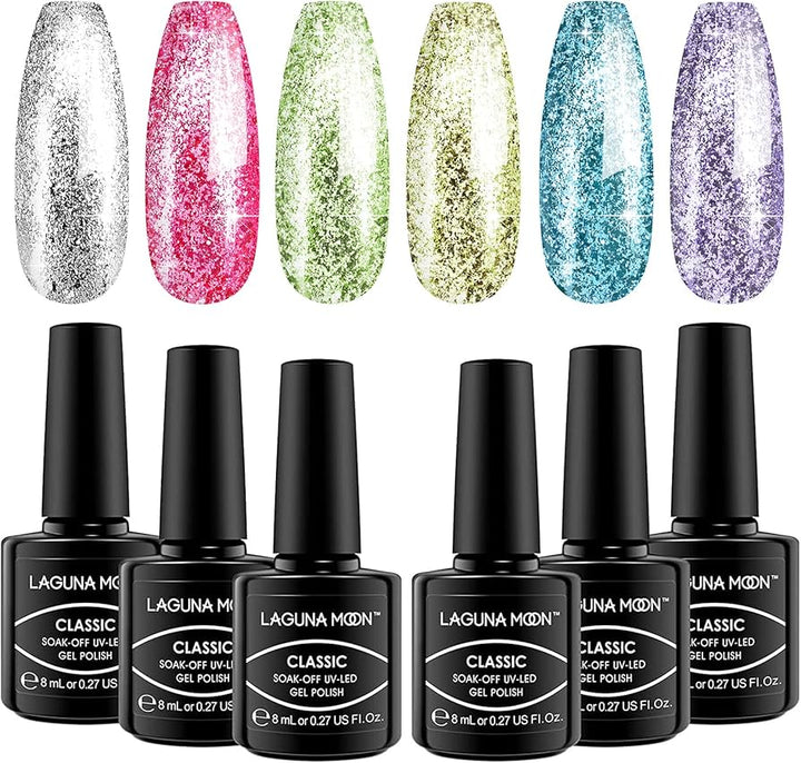 6 Pcs Lagunamoon Gel Nail Polish Sets, UV LED Soak Off Lacquer Kit Varnish Manicure & Pedicure - OneBag