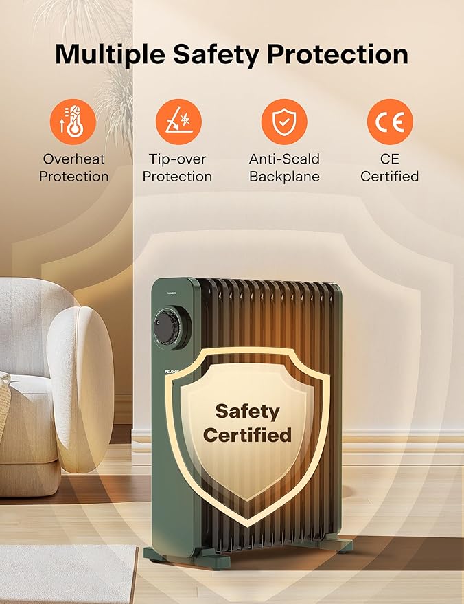 Green Oil Filled Radiator, Electric Heater Oil Radiator with Adjustable Thermostat and 3 Heat Settings - OneBag