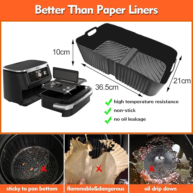 2 Pcs 2 in 1 Large Black Hmfmdy Air Fryer Silicone Liners, Air Fryer Accessories for Ninja Foodi Flexdrawer 10.4L AF500UK, Replacement for Disposable Parchment Paper Liner - OneBag