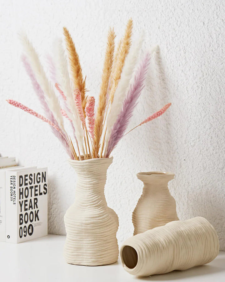23.5x14cm White Textured Striped Ceramic Vase, Handmade Beige Vintage Farmhouse Flower Vase - OneBag