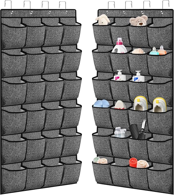 2 Pcs Hanging Shoe Rack Storage Over Door Organiser, Hanger Storage Holder Bag Wall Mounted with 24 Large Pockets & 4 Wide Hooks - OneBag