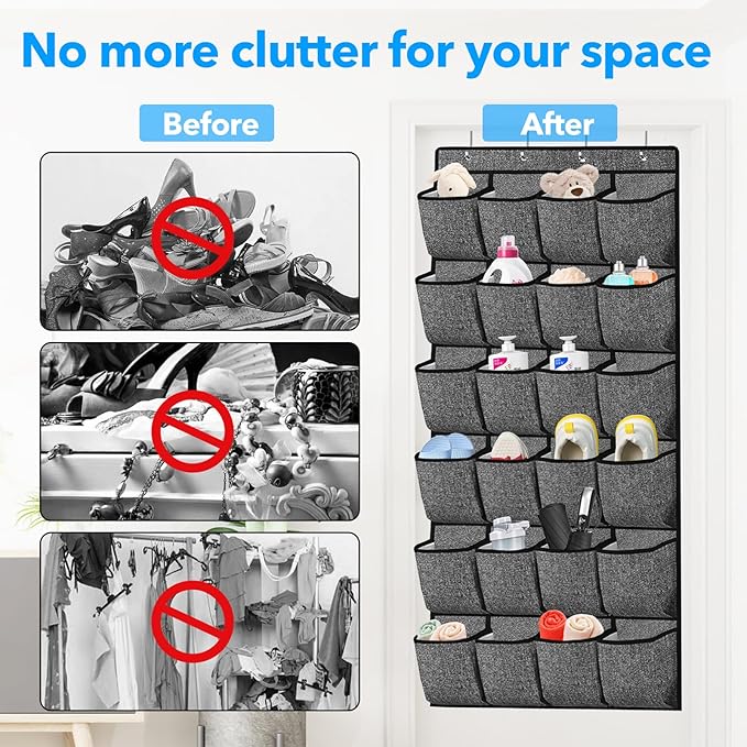 2 Pcs Hanging Shoe Rack Storage Over Door Organiser, Hanger Storage Holder Bag Wall Mounted with 24 Large Pockets & 4 Wide Hooks - OneBag