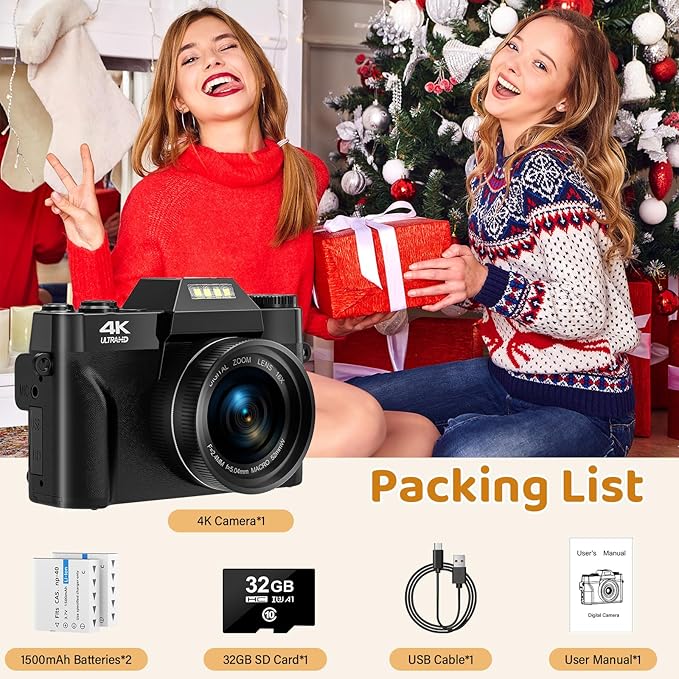 Digital Camera 4K 56MP UHD Vlogging Camera with 3'' 180° Flip Screen, 16X Digital Zoom Compact Camera for Photography - OneBag