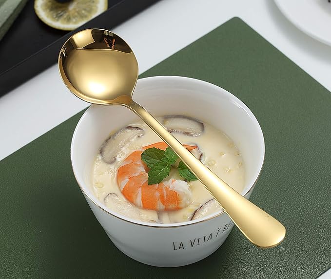 Gold Soup Spoons, 6 Pieces 19 cm Stainless Steel Round Spoons with Gold Titanium Plating - OneBag
