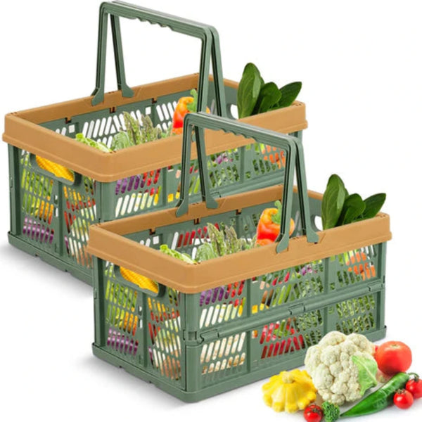 2 Pcs Small Green Collapsible Shopping Basket, Plastic Storage Crate Handle Supermarket, Retail Shopping Basket