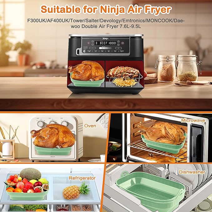 13 Pcs Green Set Upgraded Silicone Air Fryer Liners, Silicone Air Fryer Accessories for Ninja Dual AF300UK AF400UK AF500UK AF451UK Tower T17088 - OneBag